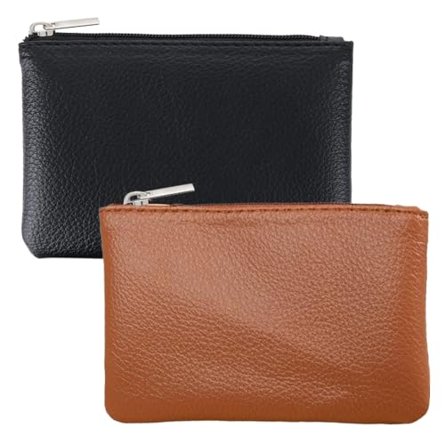 2 Pack Leather Zipper Coin Purse, Portable PU Leather Coin Purse,Mini Coin Pocket Pouch Change Holder, Coin Pouch with Zipper for Men Women Headset Credit Card ID Key Lipstick (Black&Brown)