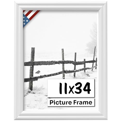 White 11x34 Picture Frame .75" Inch Wide - White Wall Decor Handmade Solid Wood Frames with Preinstalled Hangers and UV Blocking Plexiglass 34x11 Frame
