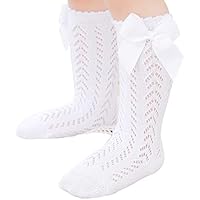 WangsCanis Calcetines Largos de Niña Medias de Encaje para Bebé Recién Nacida 0-3 Años Calcetines de Algodón de Color Sólido con Lazo y Estilo Princesa Lindo (Blanco, 2-3 Años)