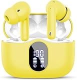 Wireless Earbuds, Bluetooth 5.4 Headphones Bass Stereo, Ear Buds with Noise Cancelling Mic LED Display, IP7 Waterproof in Ear Earphones, 36H Playtime for Laptop Pad Phones Sports Workout, Yellow