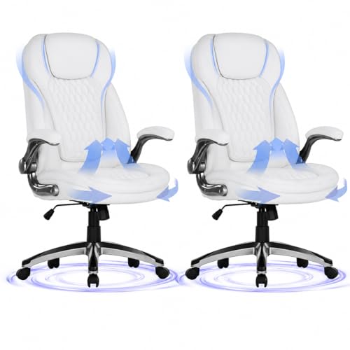 Image of COLAMY High Back Executive Office Chairs Set of 2, Ergonomic PU Leather Desk Chairs with Flip-Up Armrests, Adjustable Height, Lumbar Support, Comfortable Computer Chairs for Home Office, White