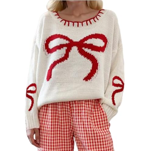 Image of Women Cute Bow Knit Sweater Y2k Long Sleeve Crew Neck Knitted Pullover Top Oversized Going Out Fall Winter Knitwear