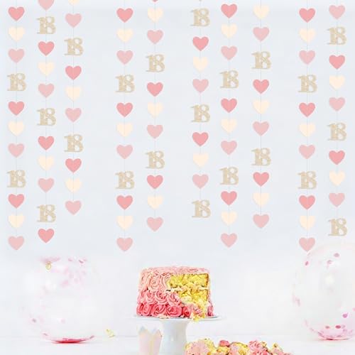 Image of Champagne Gold Pink 18th Birthday Decorations Champagne Gold Dusty Pink Heart Garland Streamer Banner Backdrop for Girls Happy 18th Birthday Time to Adult Cheers to 18 Years Old Party Supplies