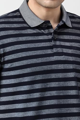 Image of Peter England Men's Cotton-Polyester Blend Striped Polo T-Shirt | Casual Wear | Durable & Trendy Regular Fit