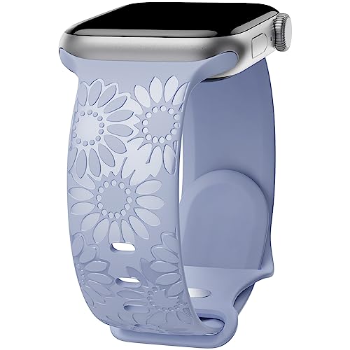 Image of Sunflower Engraved Band Compatible with Apple Watch Bands 38mm 40mm 41mm 42mm 44mm 45mm 49mm Women, Designer Soft Glossy Floral Silicone Strap for iWatch Series Ultra 11 10 9 8 7 6 SE 5 4 3 2 1