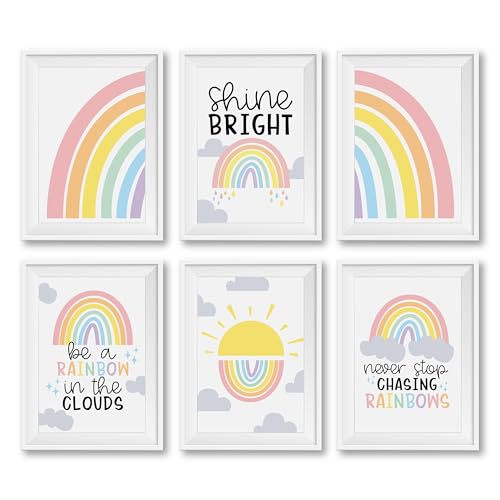 Image of Hadley Designs 6 Rainbow Girls Room Wall Art - Rainbow Girls Room Decor for Bedroom, Aesthetic Nursery or Teen Bedroom Art, Reversible Unframed Cute Colorful Posters for Kids' Space, Made in USA