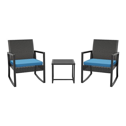 ELEGIBLISS 3 Pieces Outdoor Patio Set -Wicker Rattan Chair Conversation Set with Glass Table for Poolside Yard Rocking Chair Set for Bistro Garden Front Porch All Weather Patio Furniture Set