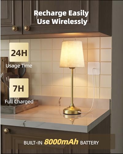 Image of Battery Operated Lamp, 8000mAh, Ambient Light, Touch Control, Dimmable, Portable, 2700K, LED, Wireless, Rechargeable, Battery Operated, Desk Lamp, Kitchen Lamp, Fabric Shade, for Dining Room, Bedroom