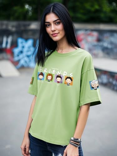 Image of Bewakoof Official Friends Merchandise Women's Graphic Printed Oversized Half Sleeve Round Neck Cotton Jersey