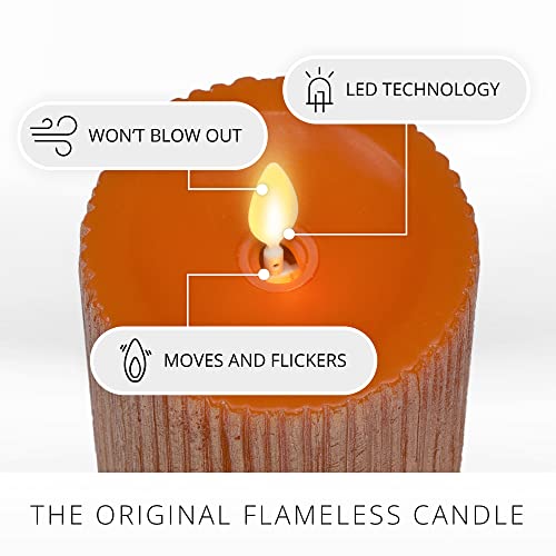 Image of Luminara Flameless LED Candle (3.25x6.5) with Embossed Metallic Furrow, Moving Flame LED Pillar, Real Wax with Recessed Edge, Battery Operated - Orange