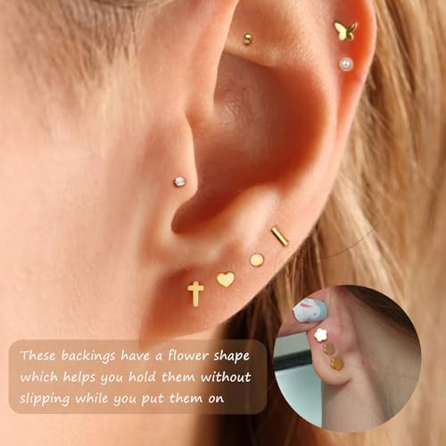 Flat Back Earrings for Women, Hypoallergenic 14K Gold Cartilage Earring Tragus Helix Small Surgical Stainless Steel Screw Back Earrings CZ/Ball/Pearl/Dot/Heart/Cross/Butterfly3