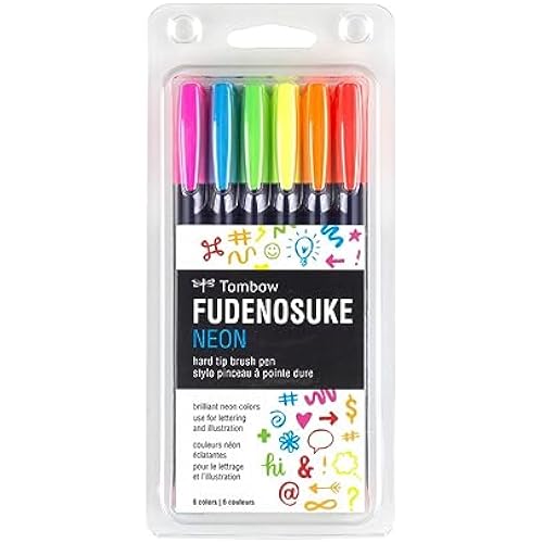 Tombow 56437 Fudenosuke Neon Brush Pen, 6-Pack. Hard Tip Fudenosuke Brush Pens in Assorted Neon Colors for Calligraphy and Art Drawings