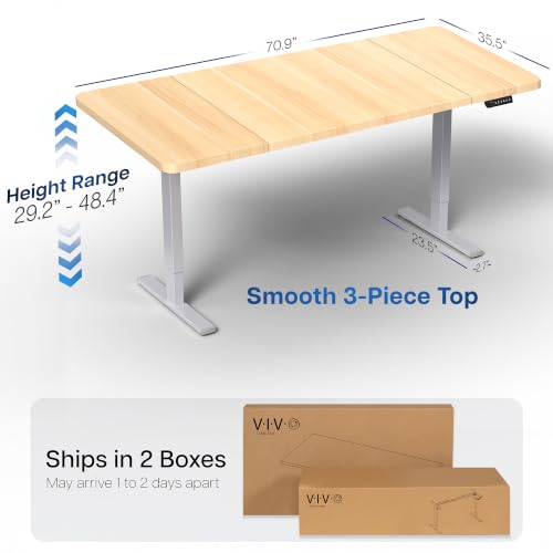 Image of VIVO Light Wood 71 x 36 in Standing Desk, DESK-KIT-1G7C-36 | Electric, Holds 220 lbs, Sit Stand, Height Adjustable, Extra Deep Table Top, Memory Presets, 1B Series, Gray Frame