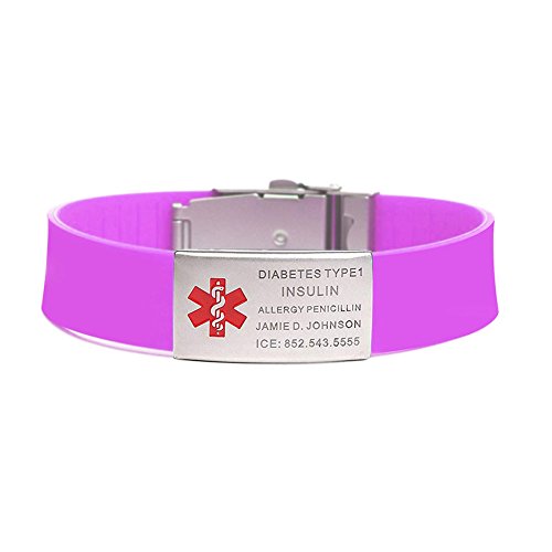 BAIYI Medical Alert ID Bracelet Purple Silicone Sports Wristband Stainless Steel Emergency ID Badge Free Engraving for Women