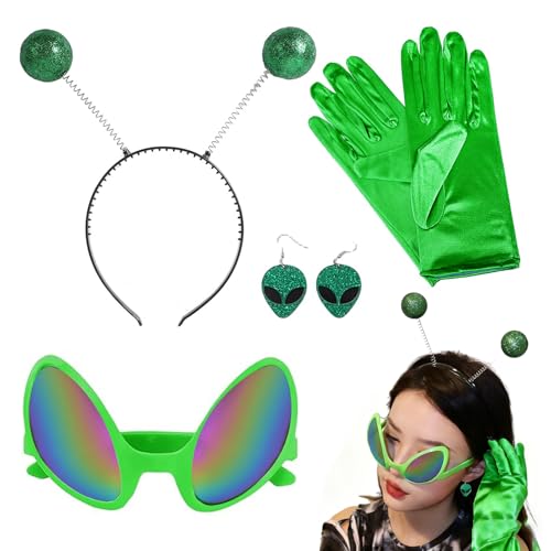 QingWing 4 Piezas Disfraz Alien, Accesorios para Disfraces de Extraterrestres Incluye Pendientes, Gafas, Guantes y Tocado, se Aplica a Disfraz para Halloween y Fiestas Temáticas(Verde)