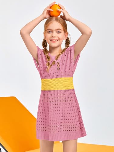 Image of Haloumoning Girls Crochet Swim Beach Cover Up Kids Fashion Button Short Sleeve Swimsuits Cover Ups 5-14 Years