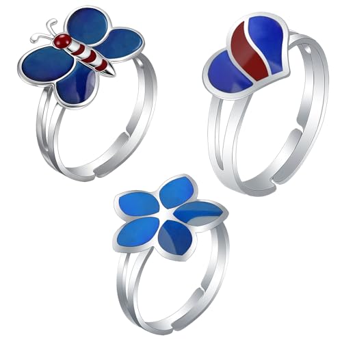 Photo de Set de 3 bagues d'humeur pour enfants - Anneaux changeant de couleur (papillon, coeur, fleur) - Bijou réglable pour filles