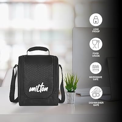 Milton pro lunch box with steel cutlery, 3 microwave safe inner steel containers (180ml, 320ml, 450ml) plastic chutney dabba 100ml, bottle 750ml with insulated bag, office tiffin, black - msdeals