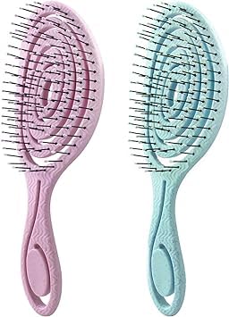 2Pcs Hair Detangling Brushes with Bending Bristles, Unique Spiral Hairbrush,Anti Static Hair Straightening Brush Gift, Comfortable Massage Brush for Women Men Wet Dry (Pink+Blue)