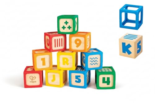 Hape ABC-Spielsteine, 10-teilig - Holzbaustein-Set, Stapeln und Sortieren, Bauklötze mit Buchstaben, Zahlen und Mustern, Lernspielzeug, ab 6 Monaten