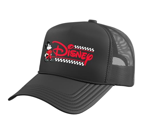 Disney Mickey Mouse Race Car Driver Racing Flag Script Logo Trucker Hat with Adjustable Mesh Back Black