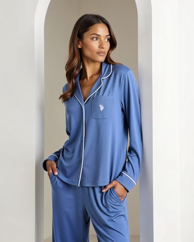Image of U.S. POLO ASSN. Womens Lightweight Notch Collar Pajama Set | Classic Button Down Pajamas for Women with Long Sleeve Top and Pajama Pants