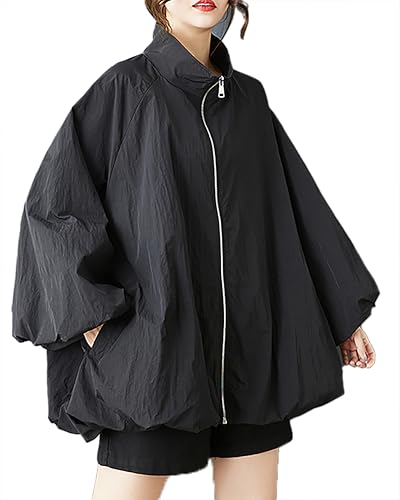 ellazhu Women's Coat Solid Zipper Up Puffed Bubble Long Sleeve Two Side Pockets Mock Neck Plus Size Casual Fashion GZ583