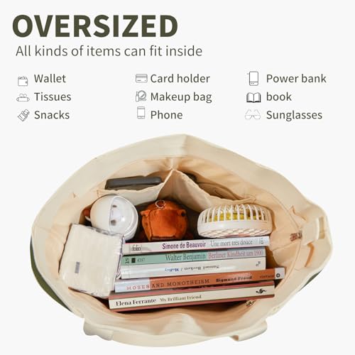 Large Canvas Tote Bag,White and Green, with Laptop Sleeve and Multiple Pockets4