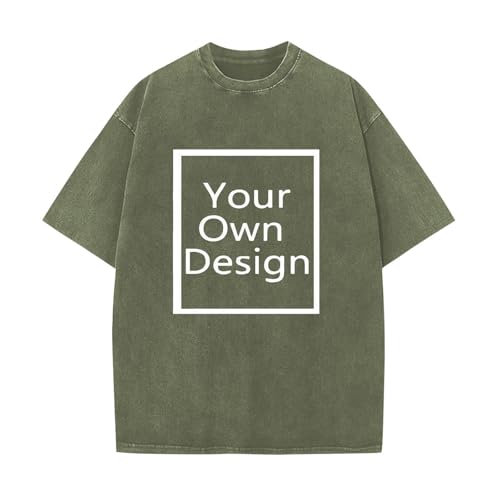 Personalised Tshirt for Men Heavy Cotton Custom T Shirt Printed Vintage T-Shirt with Photo Text Print Your Own T-Shirts Customised Tee Shirt Shirts Fashion Customisable Tops Army Green 4XL