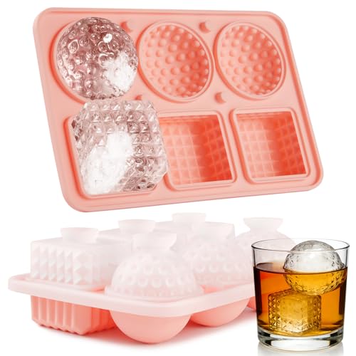 Acomler Ice Cube Molds Tray, 3 Big Crystal Square Cubes & 3 Round Sphere Golf Ice Ball Makers, Large Silicone Whiskey Ice Mold, Fun Shape Ice Trays with Funnel for Whiskey, Cocktails, Bourbon (Pink)