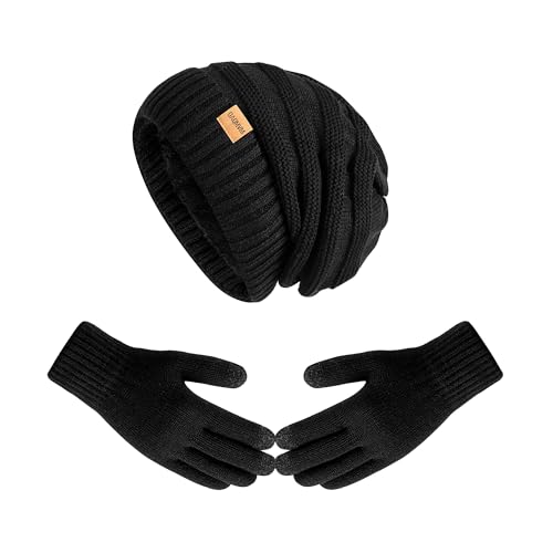 Women Beanie Hat Gloves Set Fleece Lined Winter Warm Hat Knit Touchscreen Gloves for Cold Weather