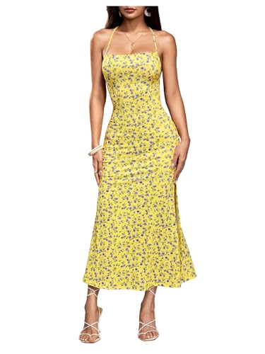 Image of Floerns Women's Summer Blackless Floral Print Halter Neck Midi Dress Light Yellow Medium