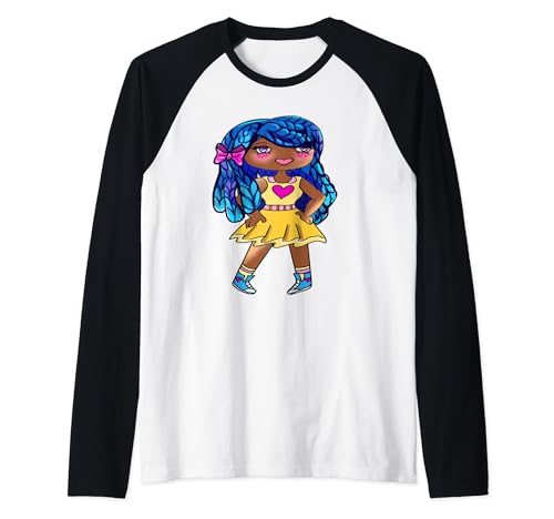 Image of Cute Kawaii African American Cartoon Game Girl with braids Raglan Baseball Tee