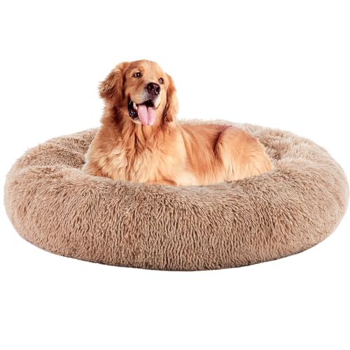 DUMOS 37.4x37.4 Inch Calming Donut Dog Beds for Large Dogs Machine Washable Cuddler Warming Cozy Fluffy Faux Fur Plush Round Pet Bed Anti-Slip Bed for Indoor Dogs and Cats Brown