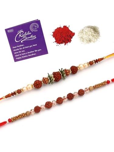 Image of Sukkhi Rakhi Trendy Floral Design Gold Plated AD Stones & Pearls Combo Rakhi for Brother with Roli Chawal & Greeting Card| Set of 2