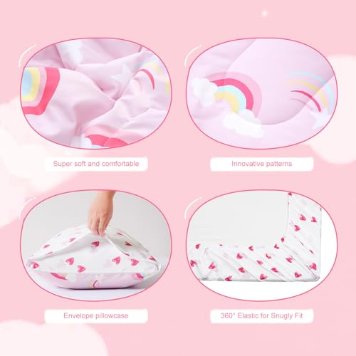 Image of david's kids 4 Piece Toddler Bedding Set - Soft Breathable Toddler Bedding Set for Girls, Includes Quilted Comforter, Flat Sheet, Fitted Sheet and Pillowcase, Rainbow
