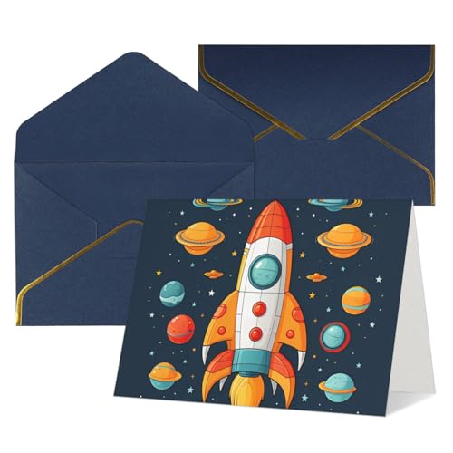 QMNSEHF 空白のグリーティングカード 封筒付き Thank YouCard ロケット クリップアート 宇宙船 Happy Birthdayカード 女性用 男性用 クリスマス ハロウィン 結婚式 ブランク ノートカード あらゆる機会のグリーティングカー