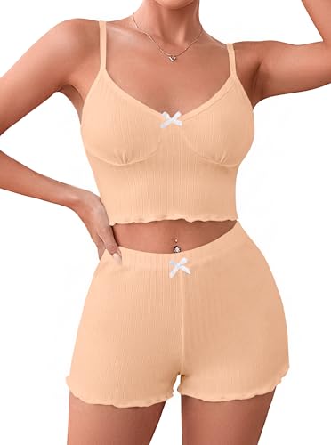 Image of Hilinker Womens Graphic Print Ribbed PJ Set Crop Cami Tops and Shorts Cute Pajamas Set