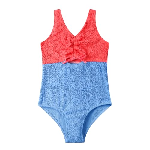 LIZENS Girls One Piece Swimwear Ribbed Swimsuit Hollow Out Color Block Tie Wrap Beach Bathing Suit for Girls