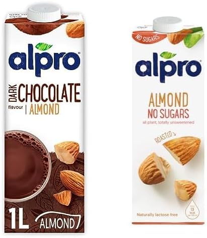 Alpro Badem Bitter Çikolata İçeceği 1L ve Alpro Şekersiz Badem Bitki Bazlı İçecek 1 L