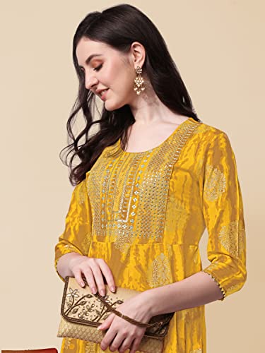 Image of MIRCHI FASHION Women's Cotton Relaxed Fit A Line Sequins Embroidery Work Foil Printed A-Line Kurti Only