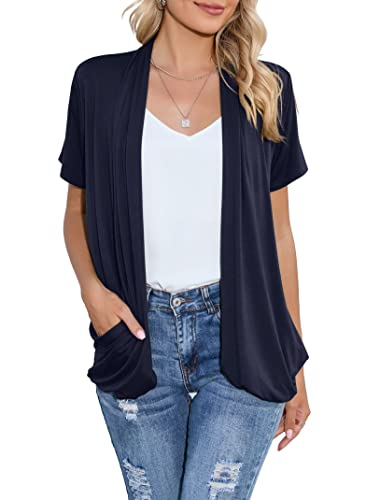 Hiyiyezi Short Sleeve Cardigan For Women Lightweight Flowy Drape Front Work Cover-Up Shrug With Pockets (Medium,Navy Blue) #TOP26