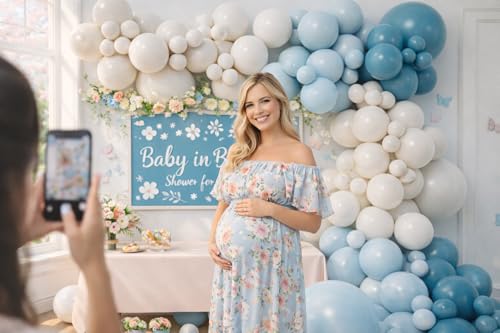 Image of Baby in Bloom Balloon Arch Kit 144pcs Dusty Blue Baby Boy Baby Shower Mom to be Boho Floral Wildflower Party Decorations (Blue)