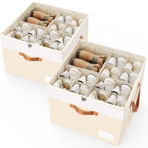 Shoe Organizer for Closet, 2 Pack Foldable Shoe Storage Organizer Box Bin with Adjustable Dividers and Clear Cover, Closet Shoe Storage for Sneakers Sandals Boots, Fit 16-32 Pairs, Beige