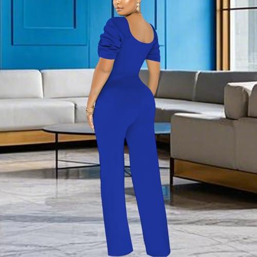 Image of PaladMom Womens Elegant Plus Size Jumpsuits Sexy Back zipper Short Sleeve Mid Waist Wide Leg Straight Rompers