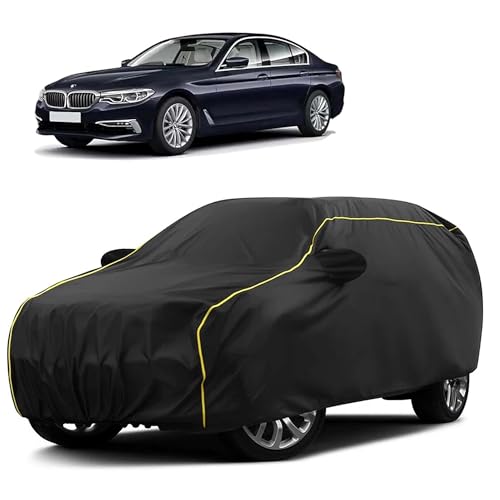 Image of Sulfar 100% Water Resistant Car Body Cover Compatible with Mirror for BMW 520D (Triple Stitched, Full Bottom Elastic, Black Taffeta with Yellow Piping)