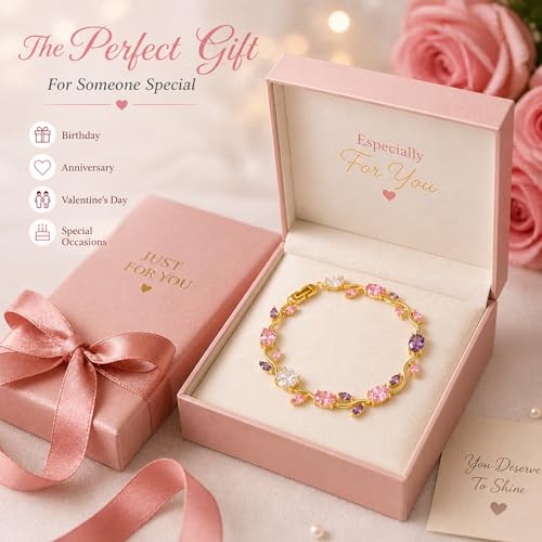 Image of Tulip Bracelet for Women & Girls, Gold Plated Pink Crystal Floral Bracelet, Adjustable Chain Stylish Jewellery, Elegant Gift for Her, Trendy Fashion Accessory
