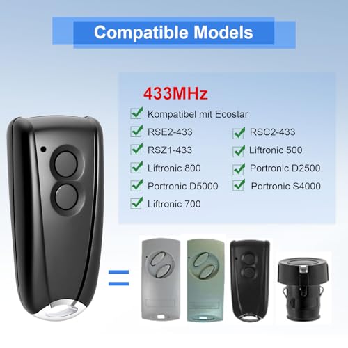 433,92MHz Garagentor Handsender Kompatibel mit EcoStar RSC2-433 RSE2-433, RSZ1-433,Fernbedienungs Duplizierer für Hormann EcoStar Liftronic 500/700/800, Portronic D2500/D5000/S4000 (2 Stück)