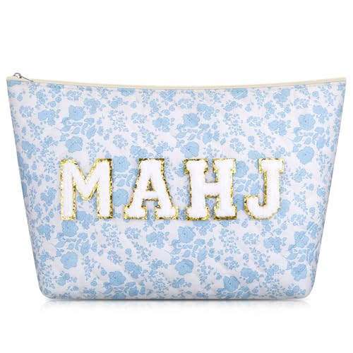 Shinylin American Mahjong Tiles Bag for 1.2 Inch Tiles, Portable Soft Thickened Blue Floral Quilted Carrying Bag with Zipper Inner Pocket Accessories Gifts for Mahjong Lover Traveling (Case Only)