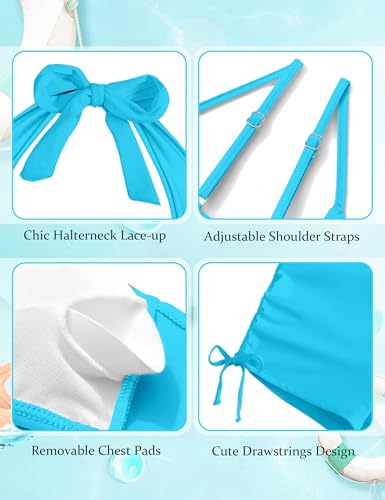 Image of Bathing Suits for Teens 12-14 Halterneck Adjustable Straps Girls Tankini Swimsuits Tummy Control for Teen Bathing Suits with Drawstring Shorts Girls 2 Piece Swimsuits Light Blue
